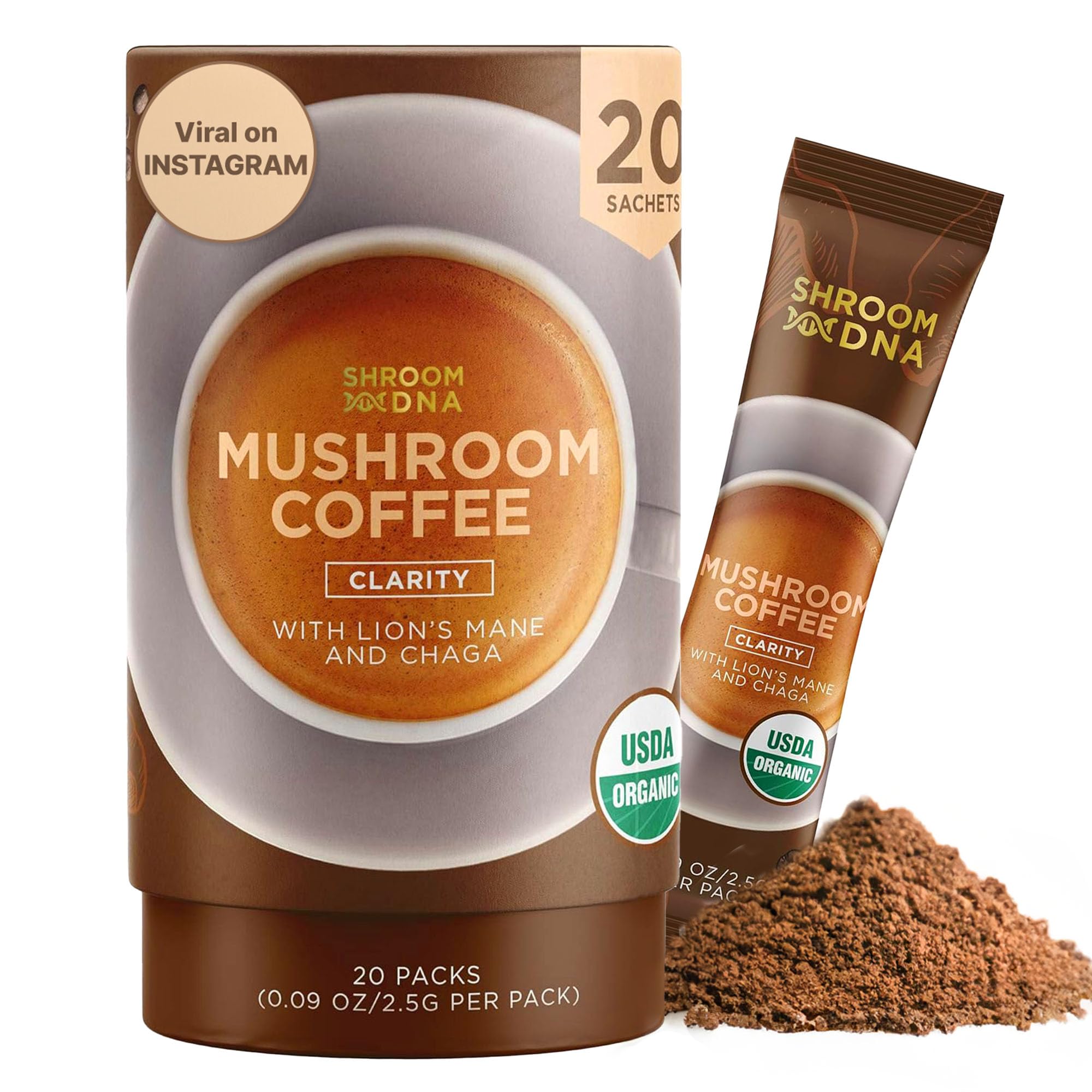 ShroomDNA coffee blend packaging with 20-count sachets