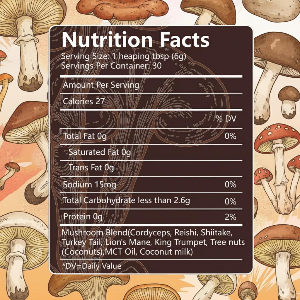 6-Mushroom blend ingredients: Lion’s Mane, Reishi, Cordyceps, Shiitake, Turkey Tail, King Trumpet