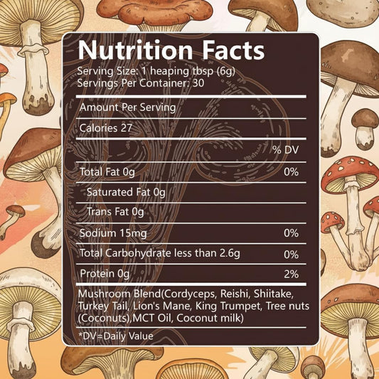 6-Mushroom blend ingredients: Lion’s Mane, Reishi, Cordyceps, Shiitake, Turkey Tail, King Trumpet