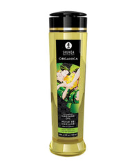 Front view of Shunga Organic Kissable Massage Oil Exotic Green Tea bottle