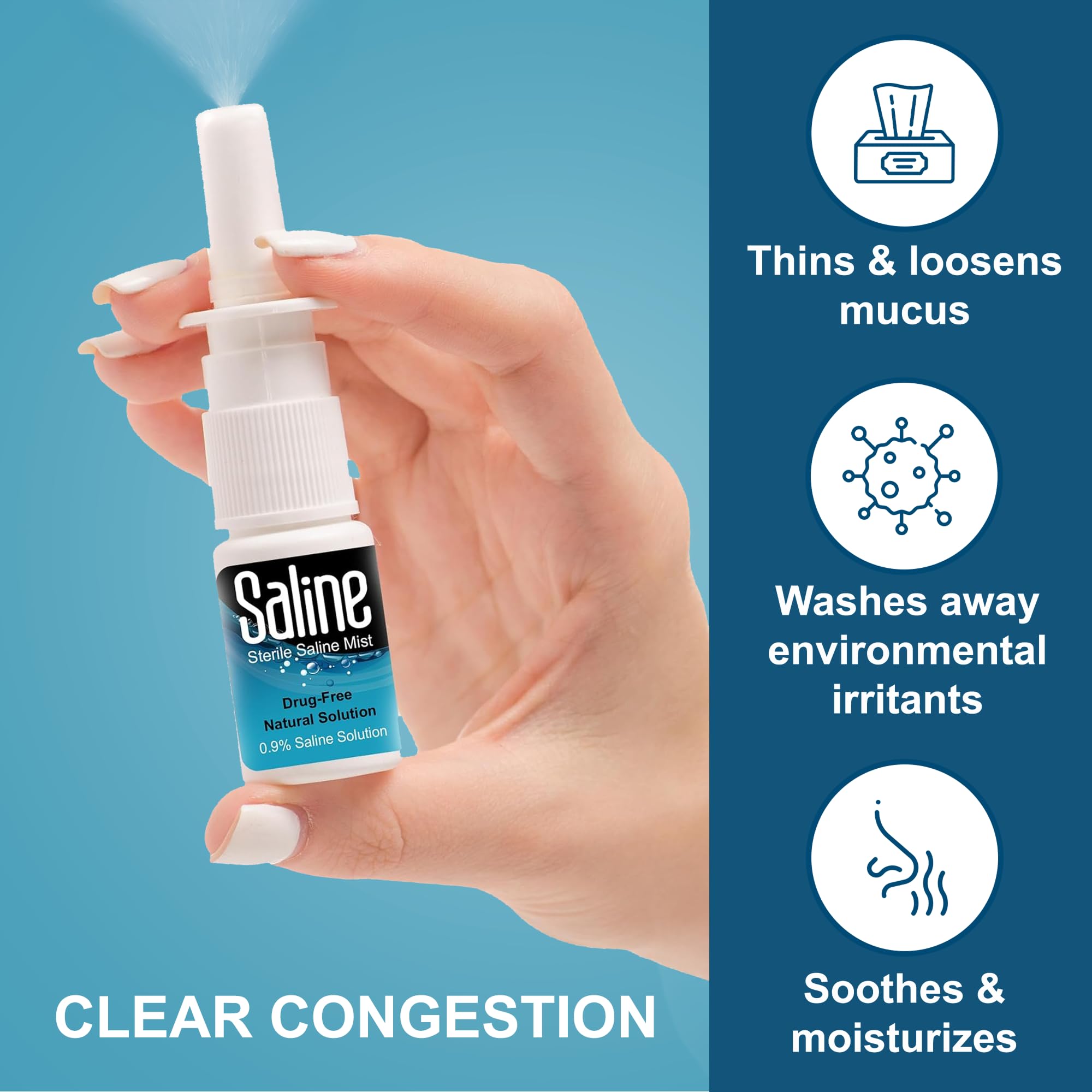 Shusher Care saline 0.9% bottle label shows isotonic formula