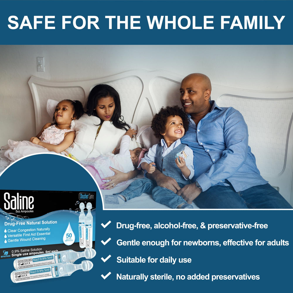 Shusher Care 50-count saline ampoules ensure ready-to-use care