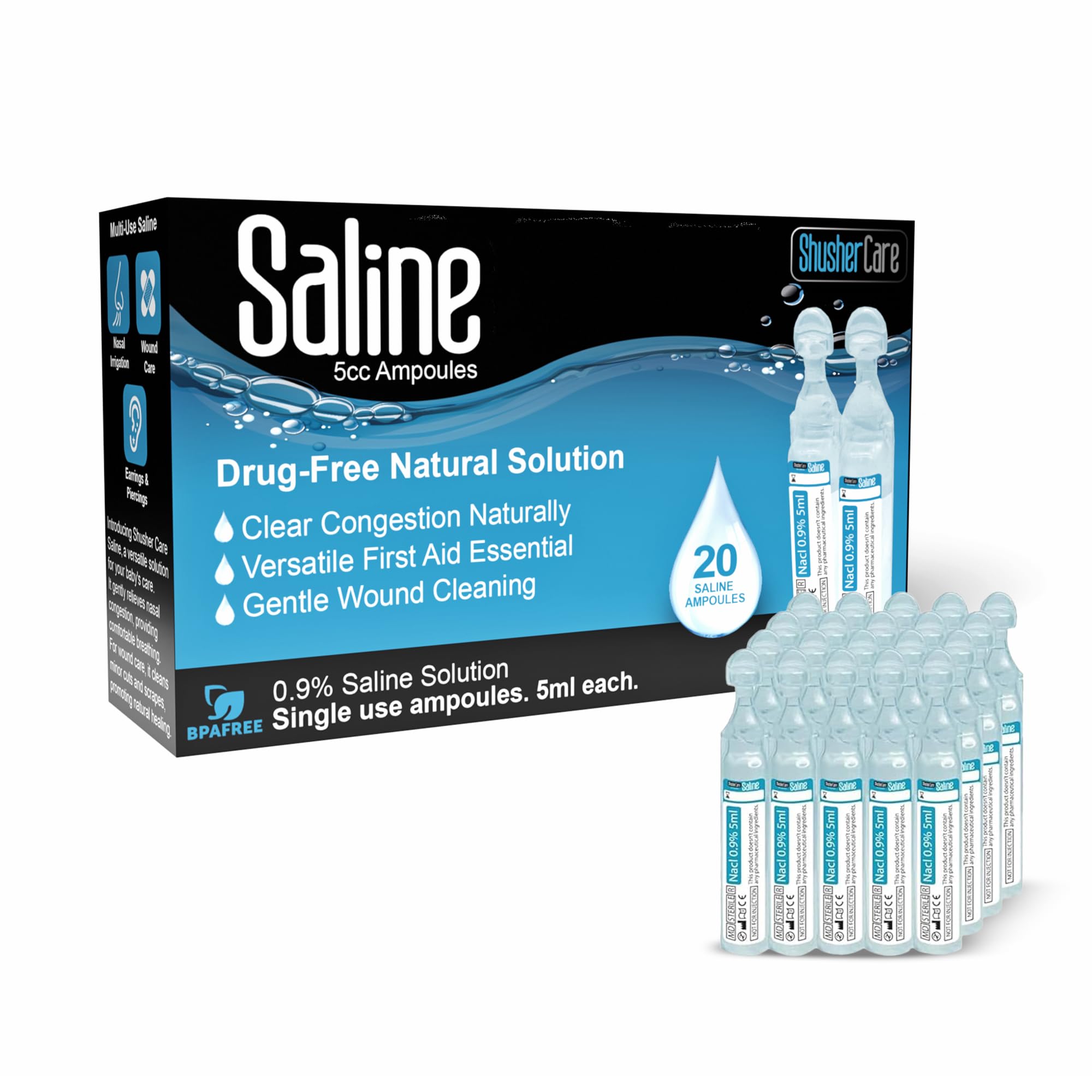 Shusher Care saline ampoules 5ml front view for quick sterile nasal care