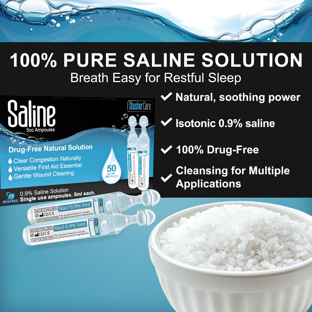 Shusher Care saline ampoules for nasal care hydrate passages and promote comfortable breathing