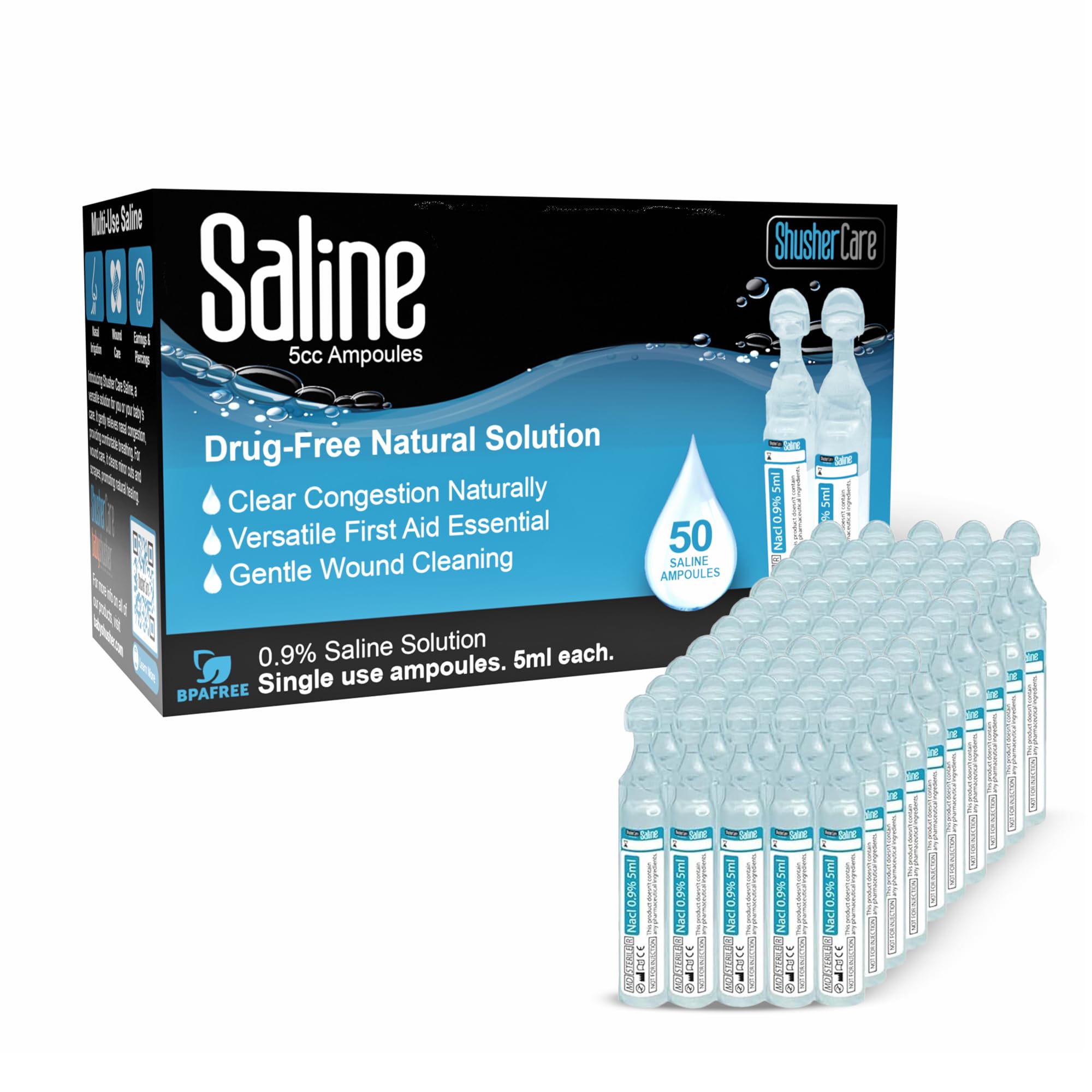 Shusher Care saline ampoules for nebulizer use support clear breathing and congestion relief