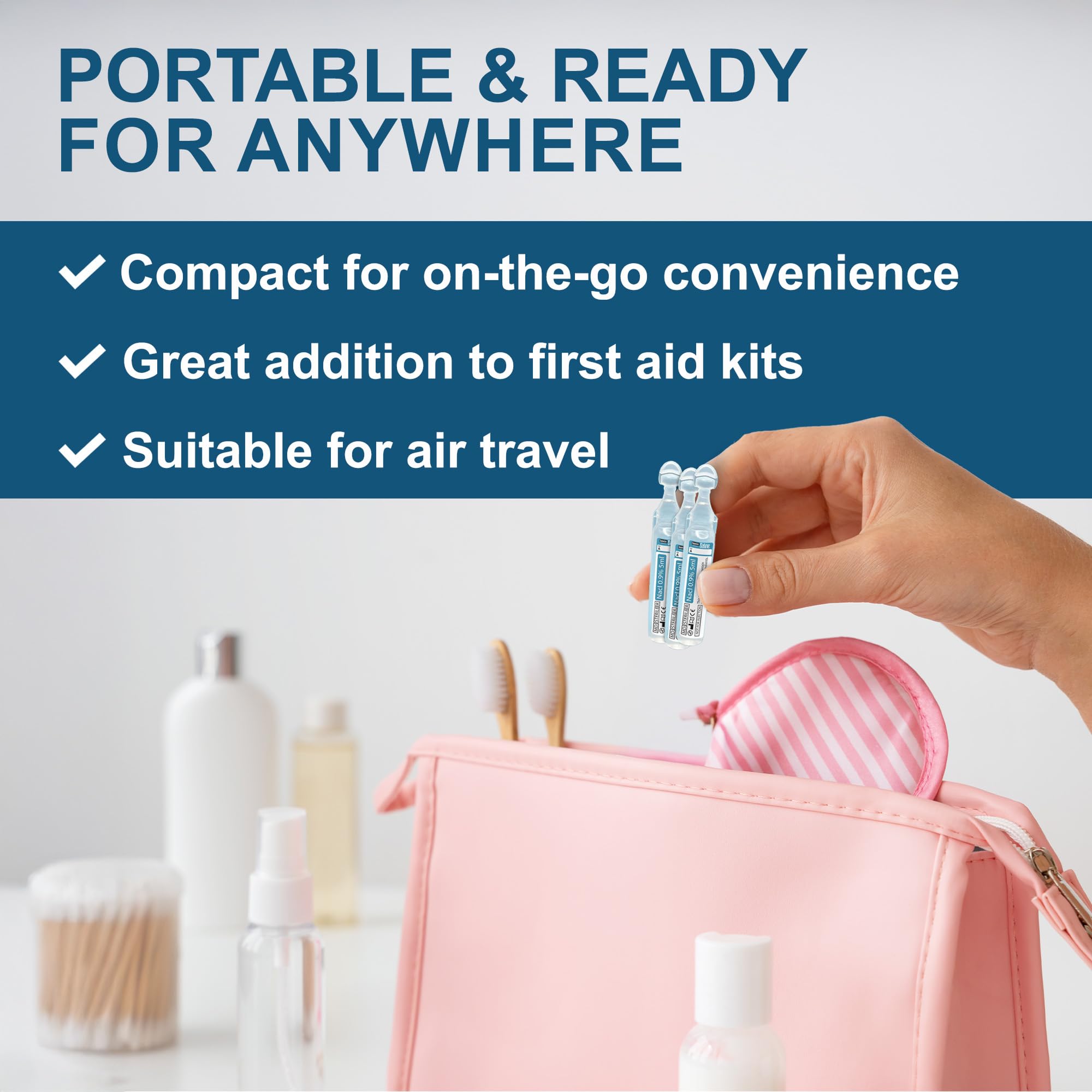 Shusher Care travel-friendly saline ampoules fit in pockets or bags