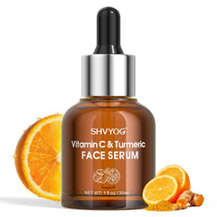SHVYOG Vitamin C Turmeric Serum bottle closeup showing potential brightening on uneven skin tone