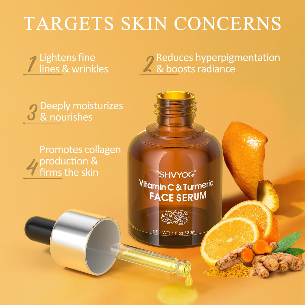 SHVYOG Vitamin C Turmeric Serum hand application demonstrates moisturizing daily-use formula