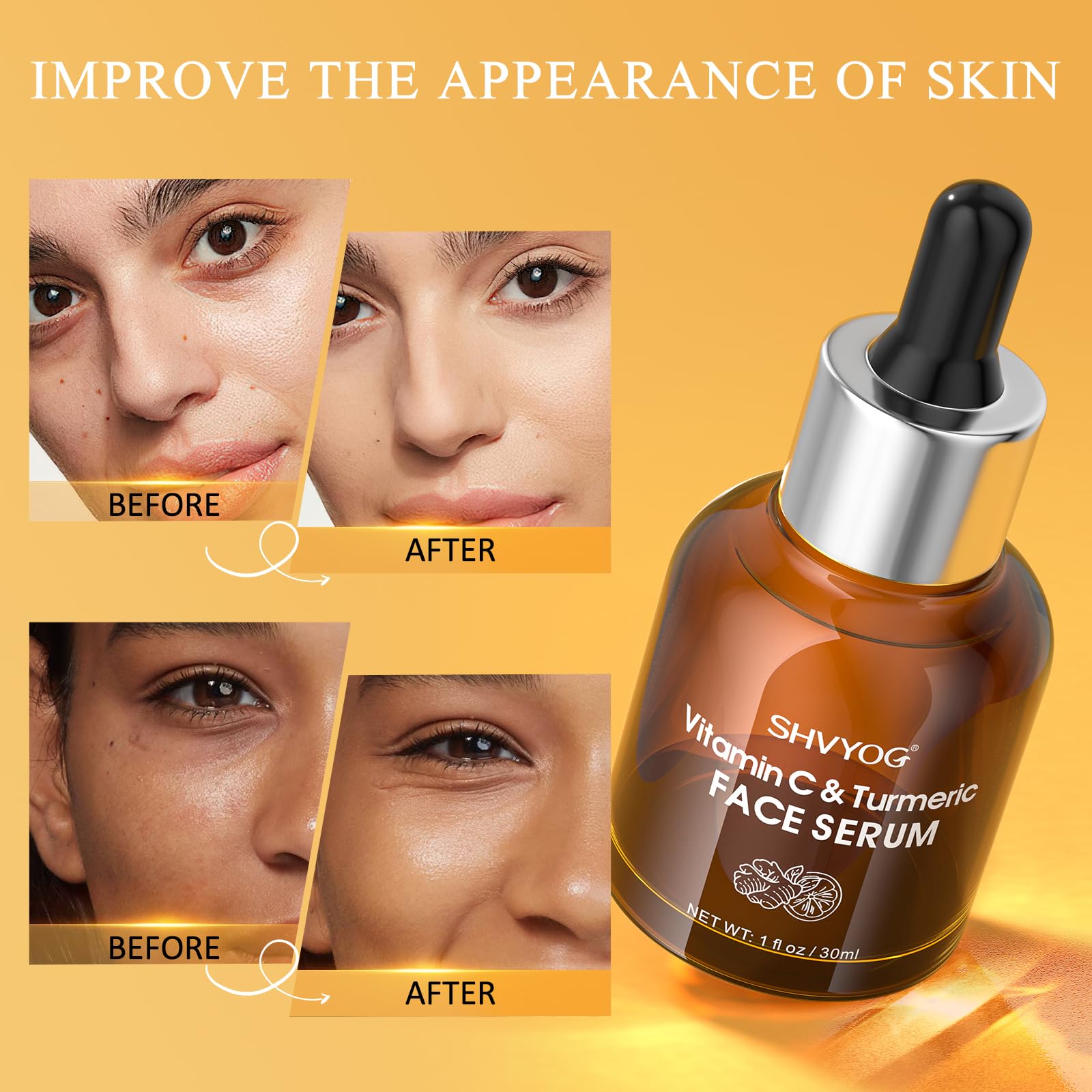 SHVYOG Vitamin C Turmeric Serum texture closeup emphasizes lightweight, non-greasy absorption