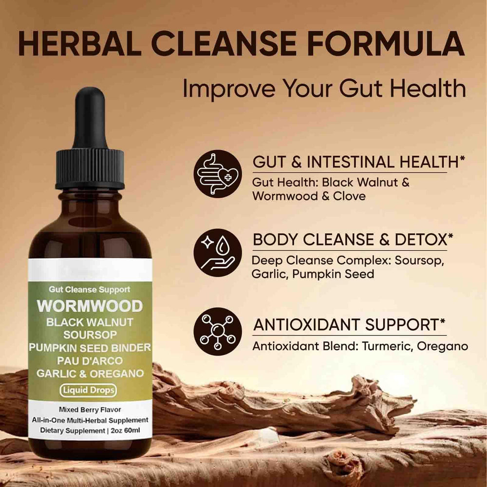 Pipette dispensing drops from Wormwood Gut Cleanse bottle