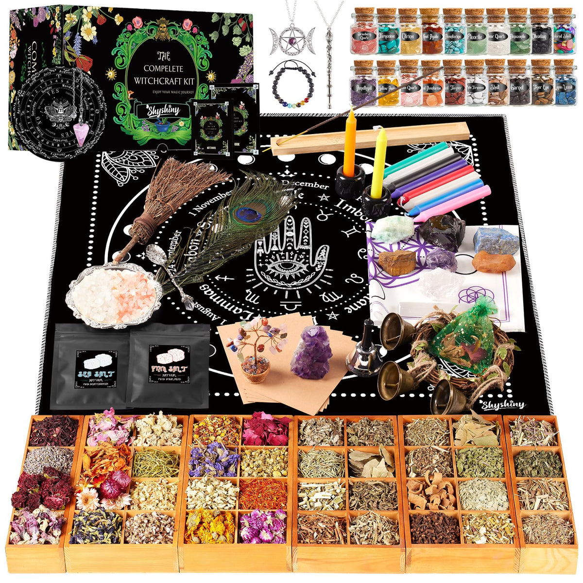 SHYSHINY Witchcraft Supplies Kit box and contents with amethyst cluster and herbs