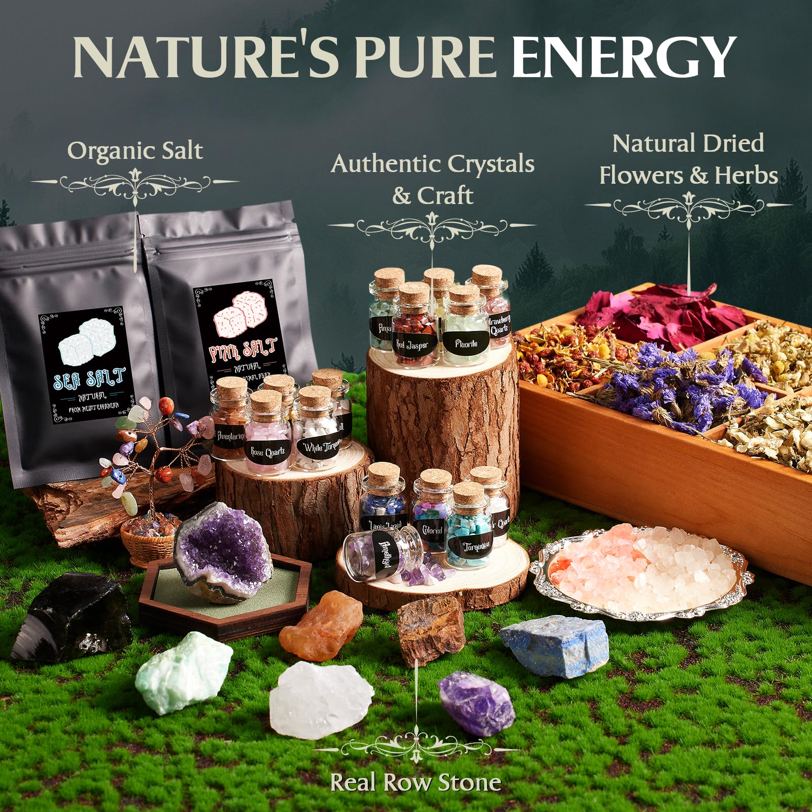 20 crystal bottles and seven chakra stones for spells and decor