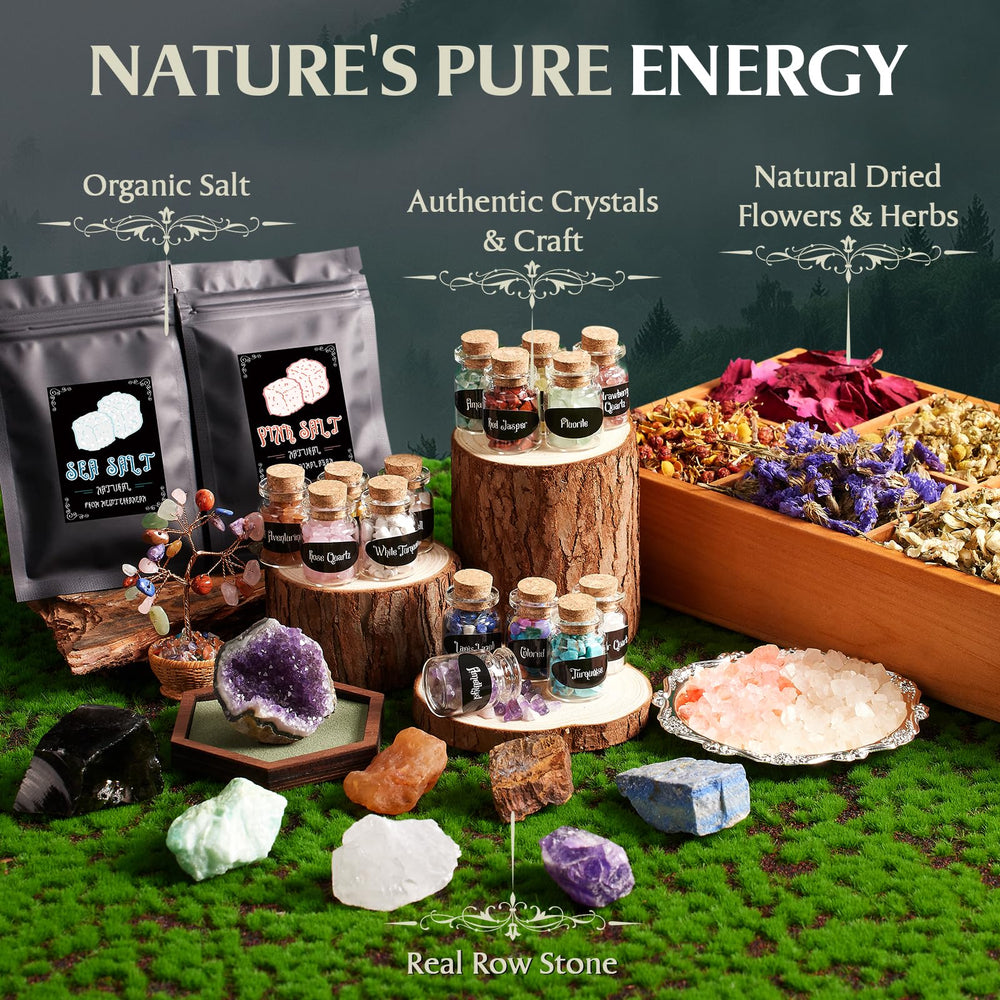 20 crystal bottles and seven chakra stones for spells and decor
