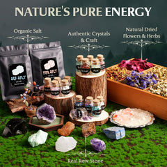 20 crystal bottles and seven chakra stones for spells and decor
