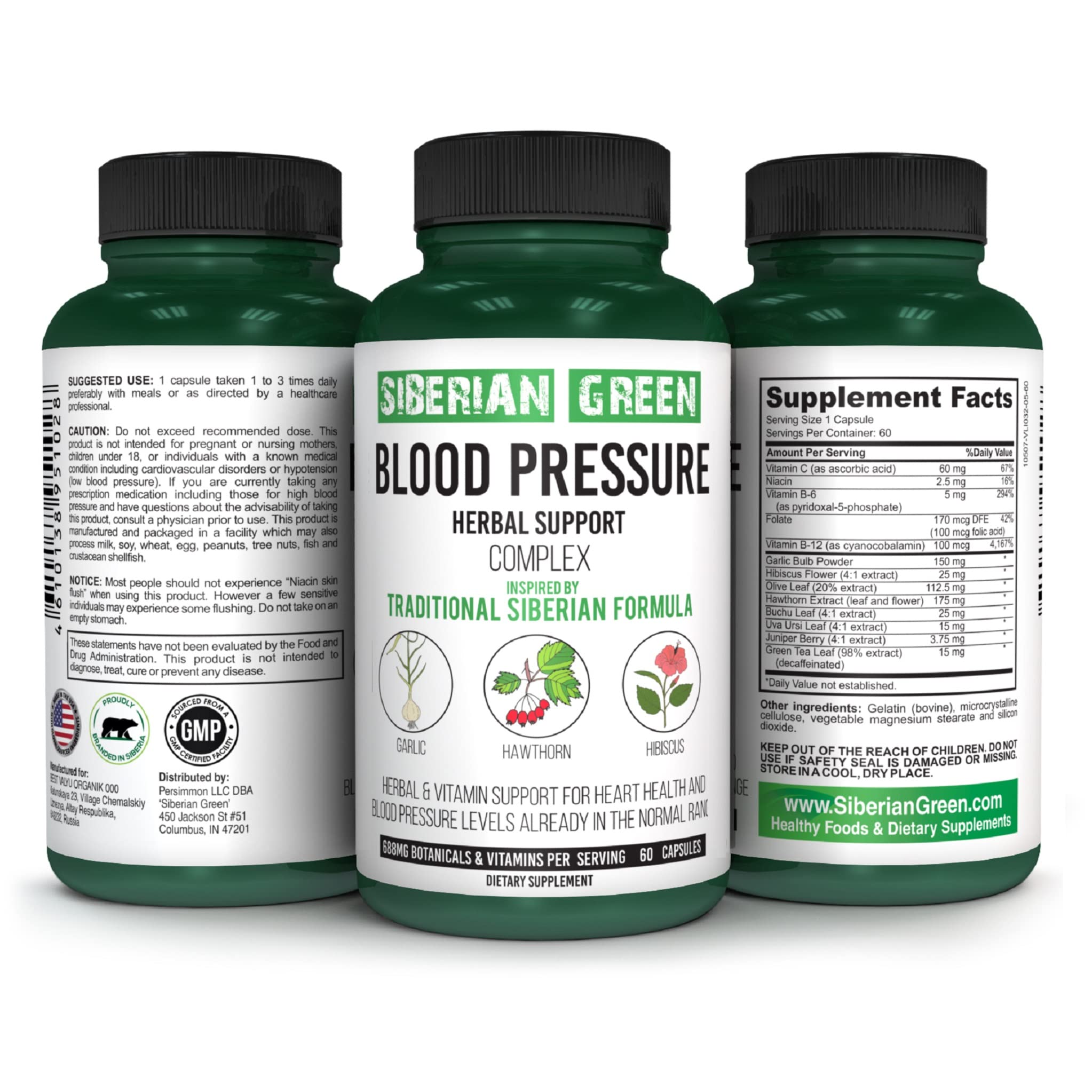 Bottle of Siberian Green Blood Cardio Pressure Herbal Support capsules
