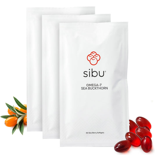 Sibu Sea Buckthorn Omega-7 Softgels bottle with 90-day refill sachet