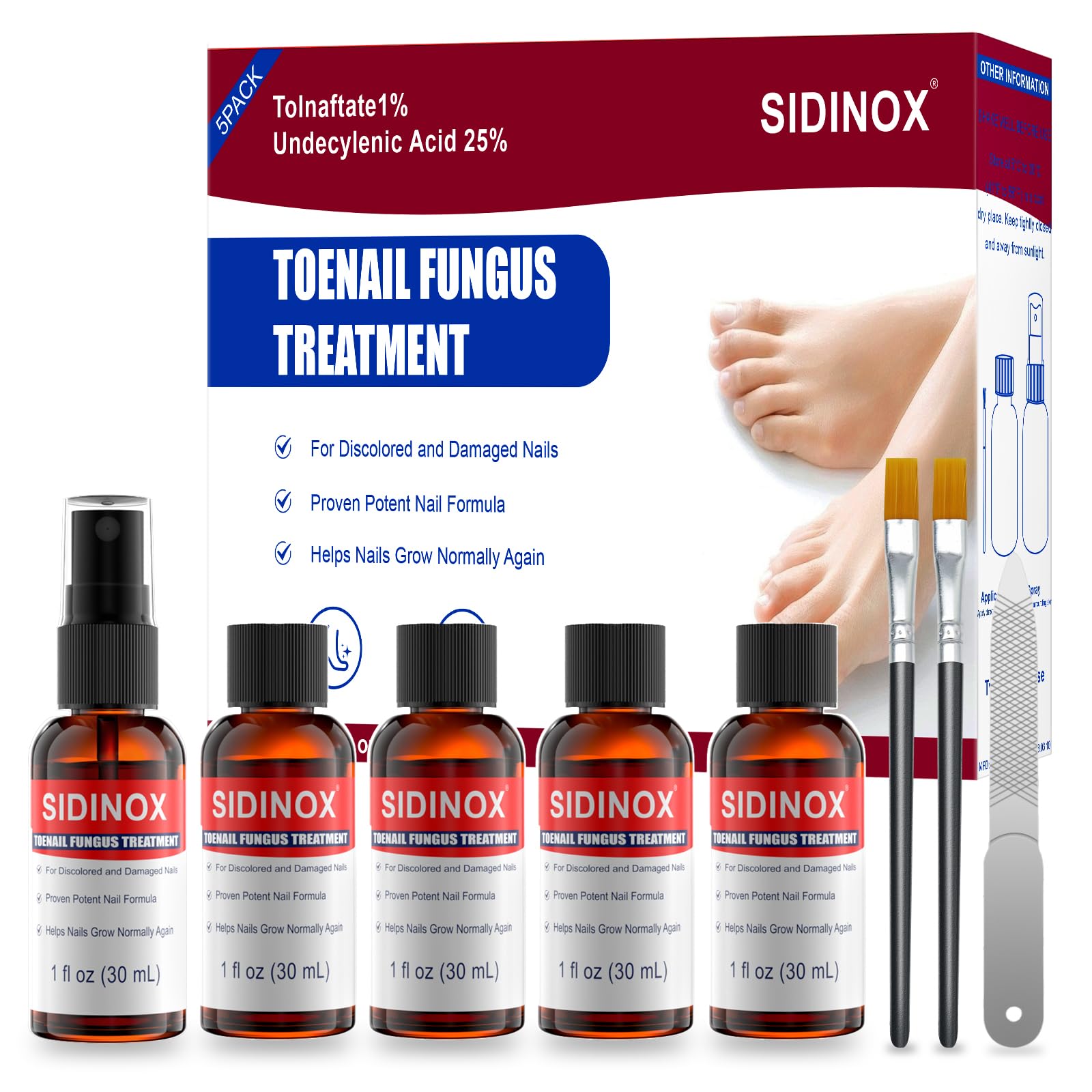Sidinox toenail fungus treatment bottle shows extra-strength formula for nail health.