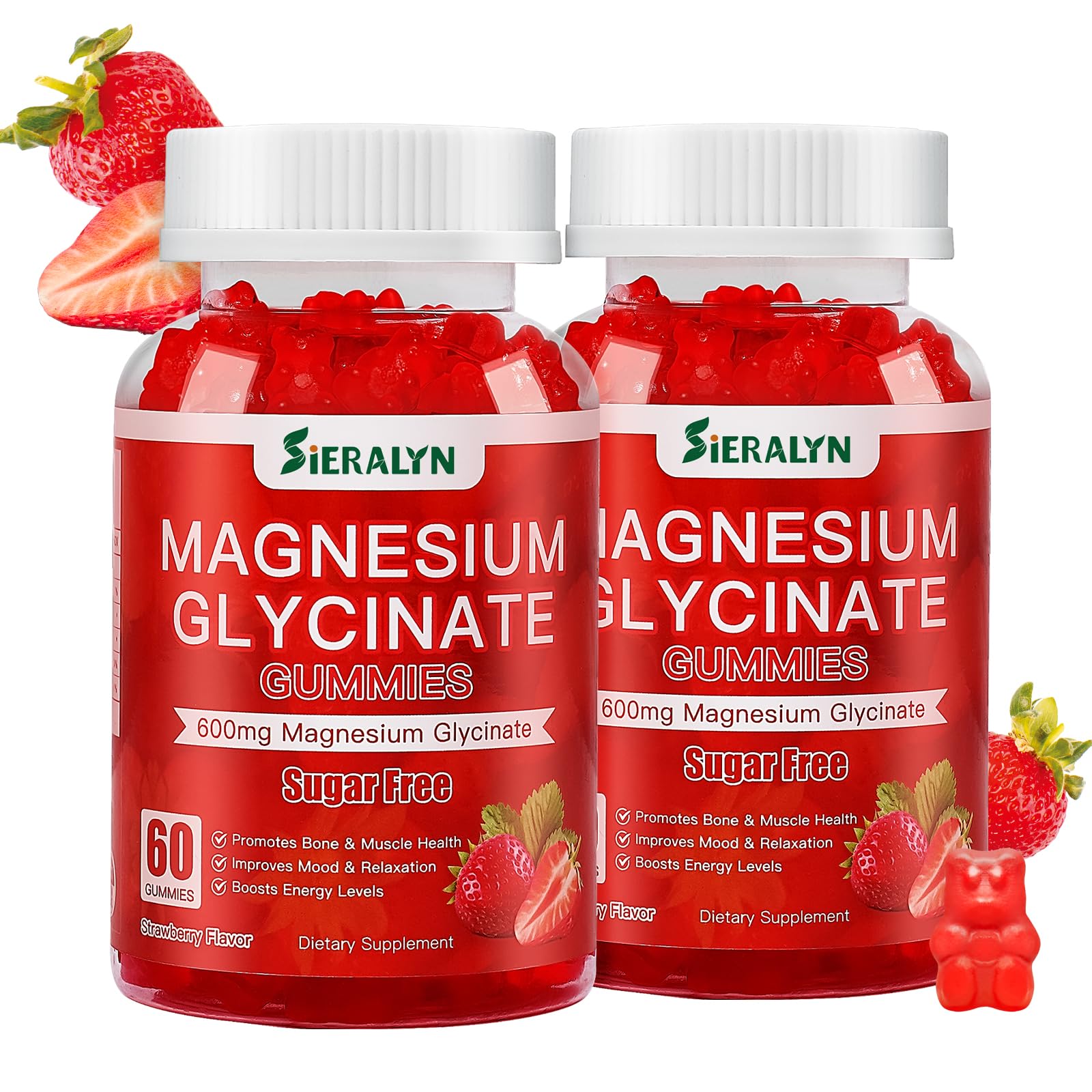 Sieralyn Magnesium Glycinate Gummies 600mg strawberry flavor bottle close-up