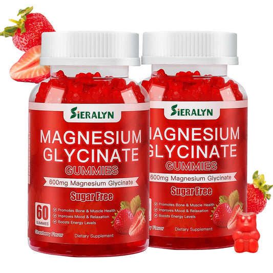Sieralyn Magnesium Glycinate Gummies 600mg strawberry flavor bottle close-up