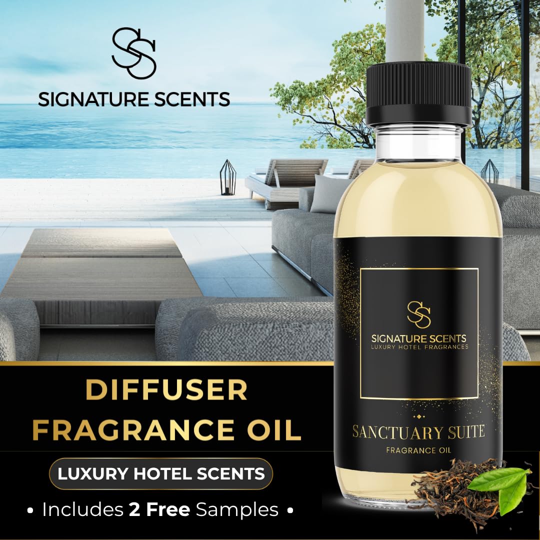 Close-up of Sanctuary Suite diffuser oil bottle