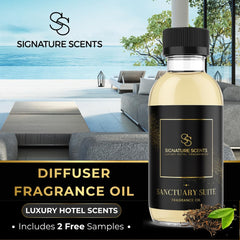 Close-up of Sanctuary Suite diffuser oil bottle