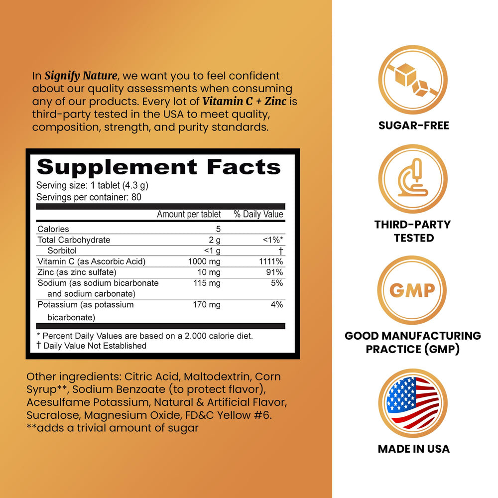 Dissolving Vitamin C 1000mg + Zinc effervescent tablets dissolving in water.