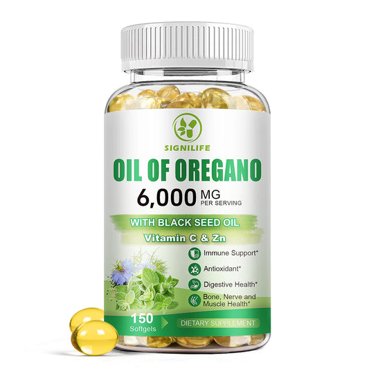 Signilife Oregano Oil with Black Seed Oil bottle and softgels
