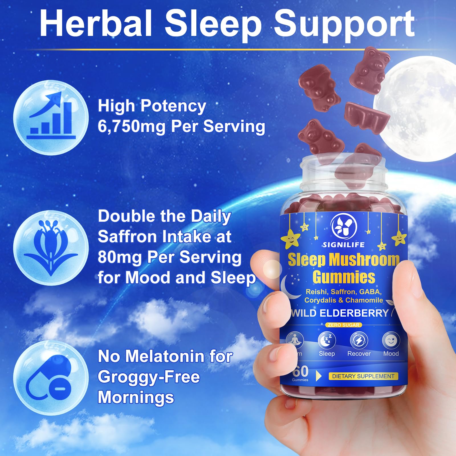 Label highlighting high-potency 10:1 mushroom extracts