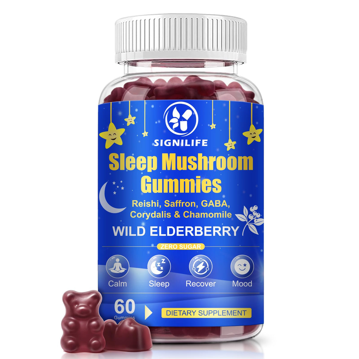 Bottled SIGNILIFE Sleep Gummies with Reishi and Lions Mane, elderberry flavor, 60-count