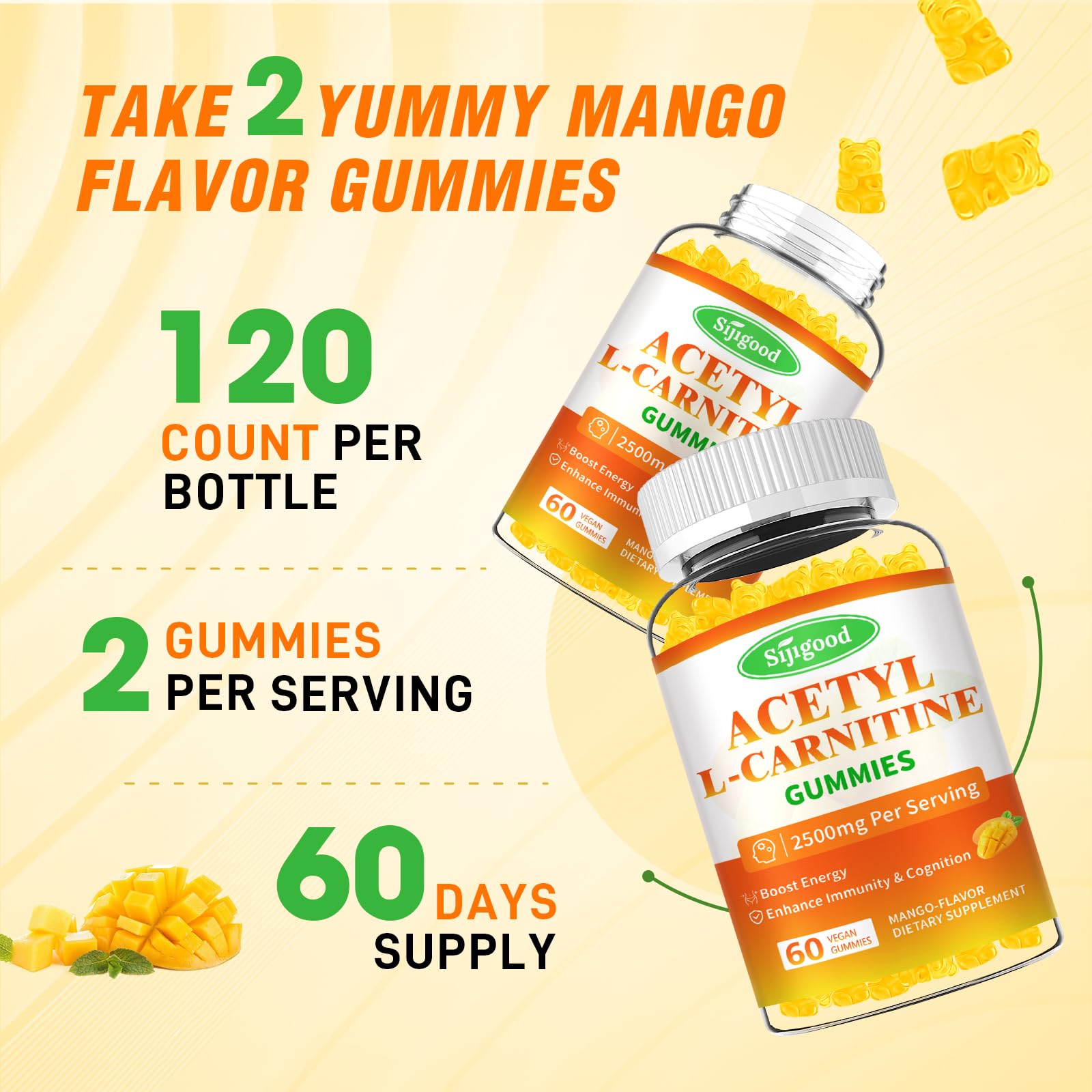 Sijigood Acetyl L-Carnitine Gummies Mango Flavor 120 Count - Suitable for men and women