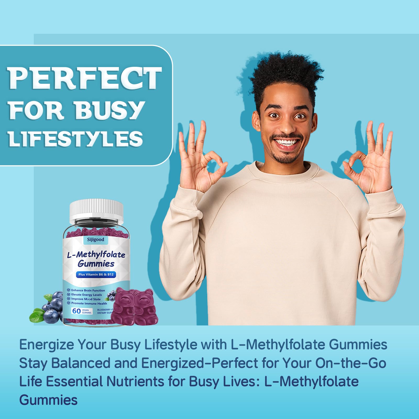 Close-up of blueberry-flavored L-Methylfolate gummies