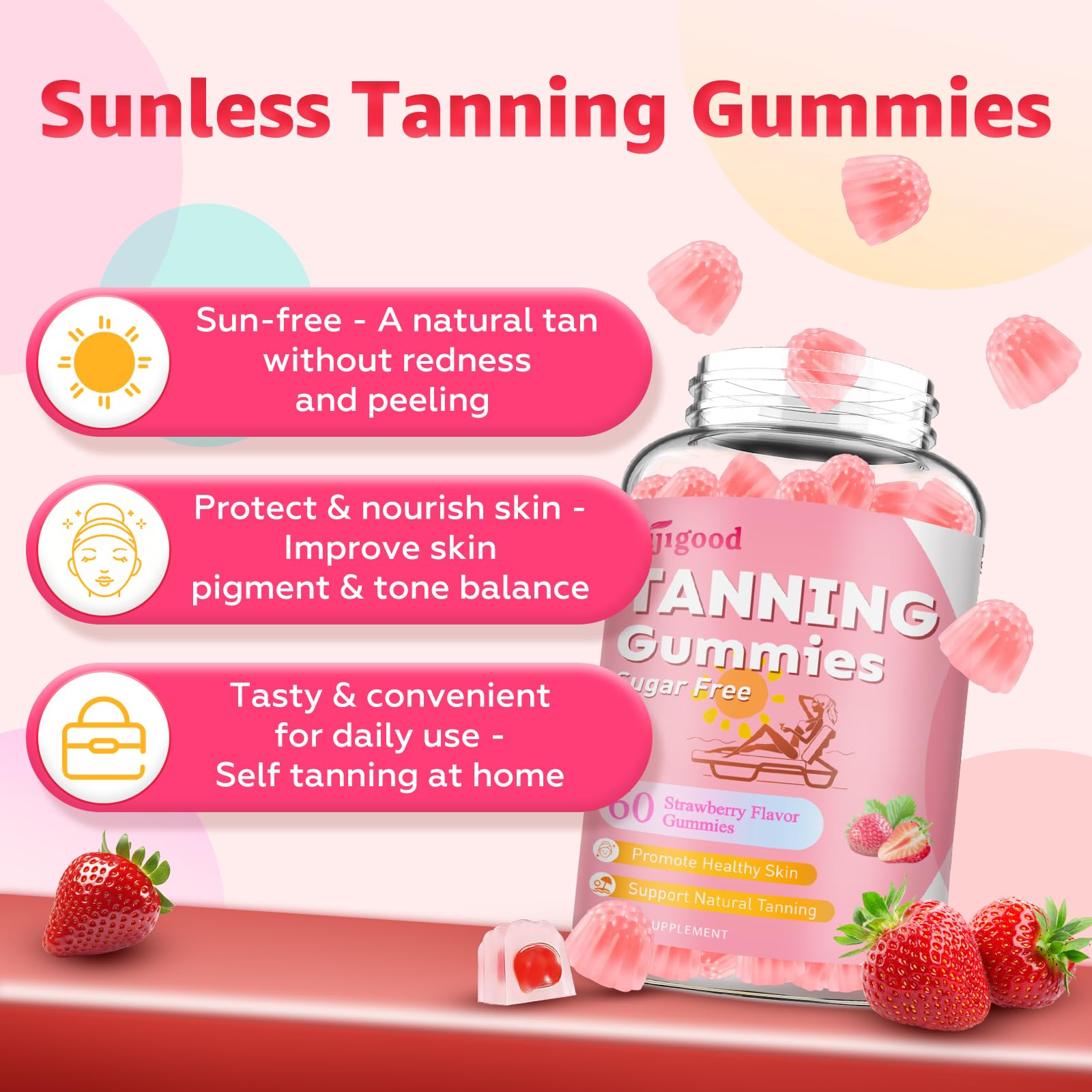 Strawberry flavored tanning gummies beside bottle