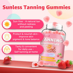 Strawberry flavored tanning gummies beside bottle