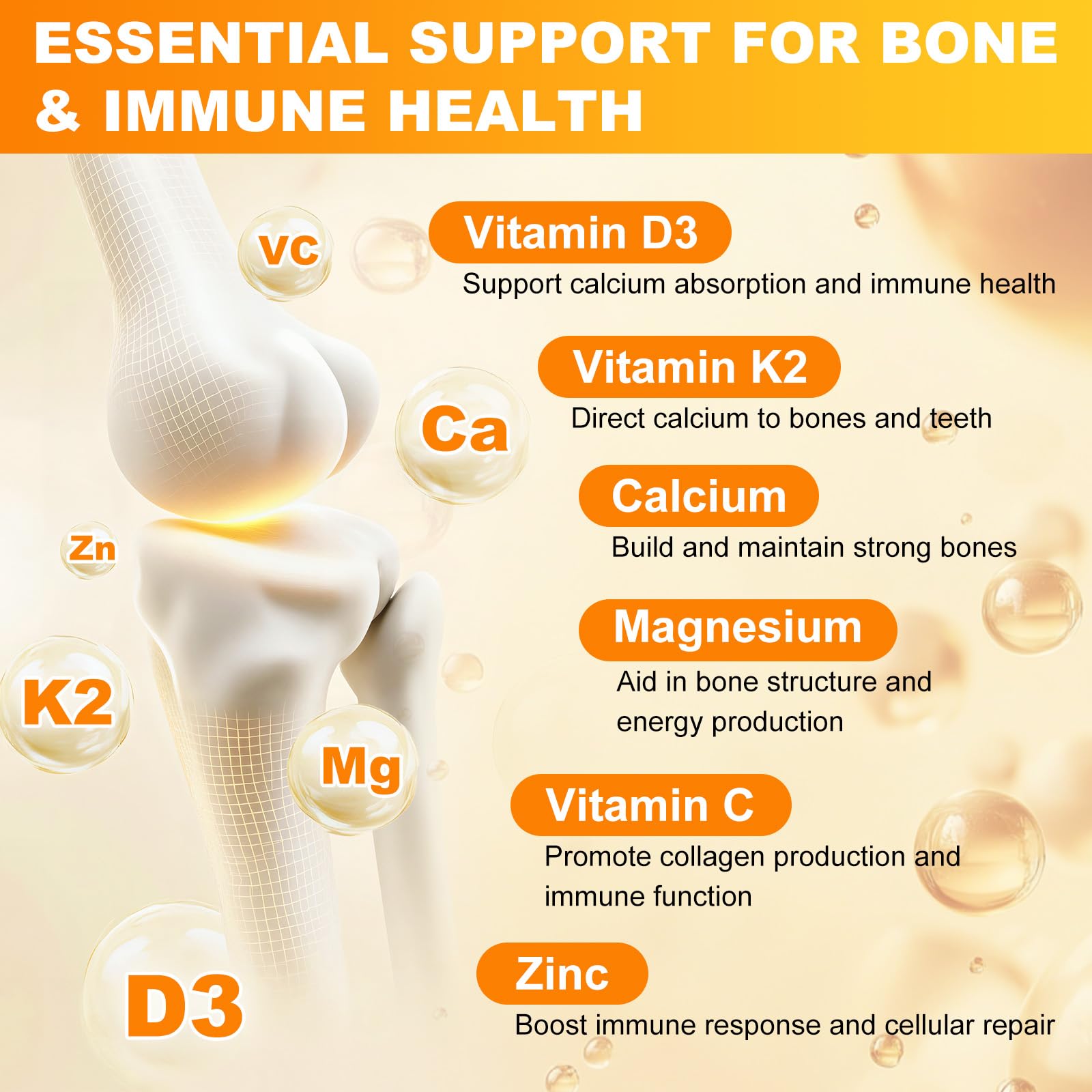 Illustration showing vitamins D3, K2, calcium, magnesium and zinc