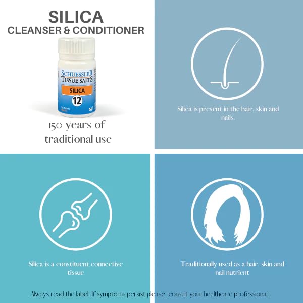Label close-up: Silica-100 Tabs bottle with Schuessler Tissue Salts branding