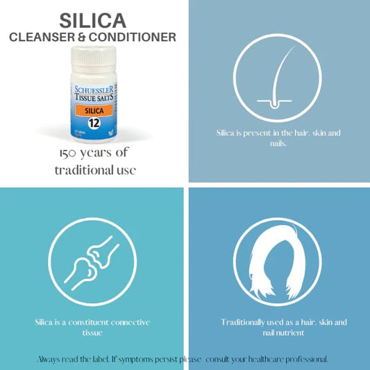 Label close-up: Silica-100 Tabs bottle with Schuessler Tissue Salts branding