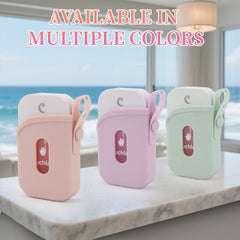 Side view showing adjustable strap on silicone case for Touchland Power Mist Glow Mist 1 oz Purple