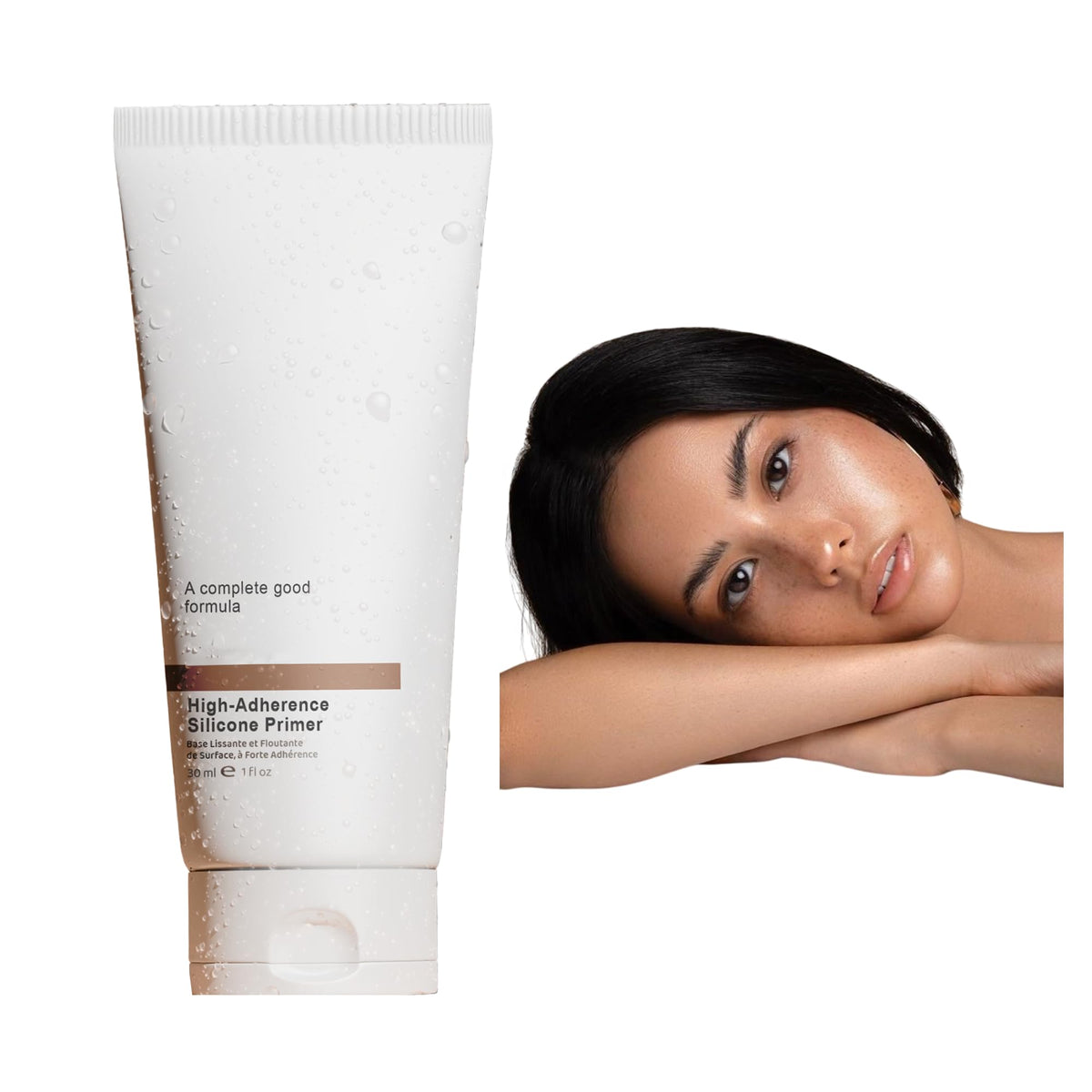 Silicone Face Primer bottle close-up shows smooth base for pore-minimized makeup.