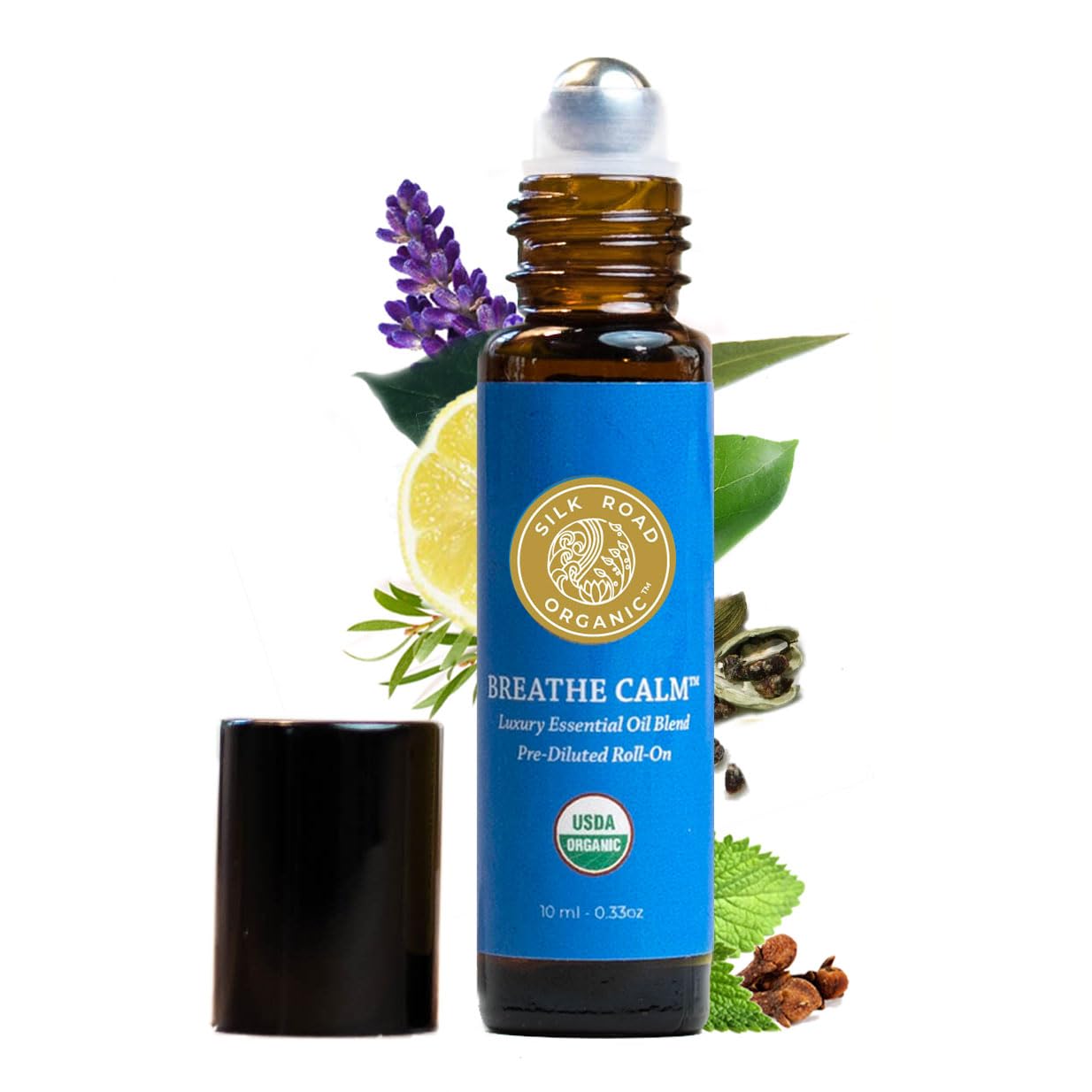 Silk Road Breathe Calm essential oil roll-on bottle 10 ml front view