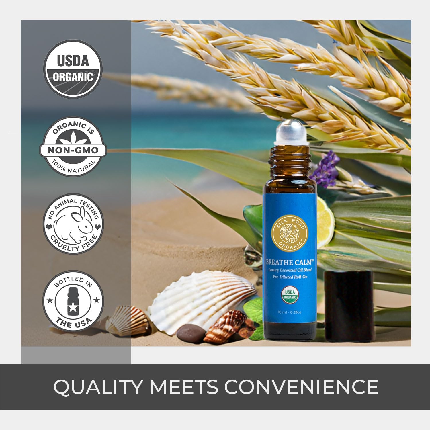 Side view of Silk Road Breathe Calm 10 ml roll-on bottle