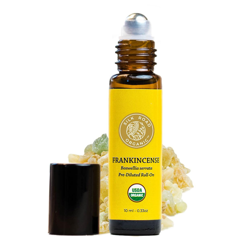 10 ml Silk Road Organic Frankincense Serrata Roll-On bottle with USDA certification