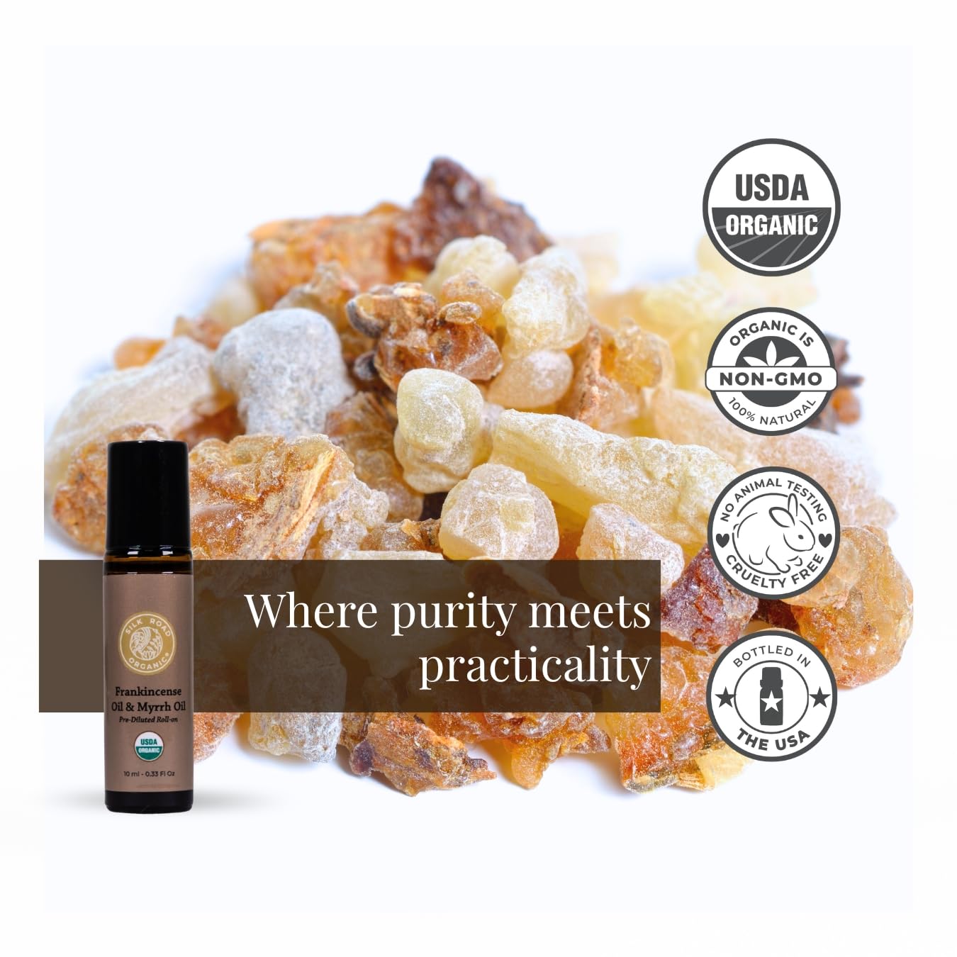 Ingredients: organic Frankincense (Boswellia carterii), Myrrh (Commiphora myrrha), Patchouli in MCT oil