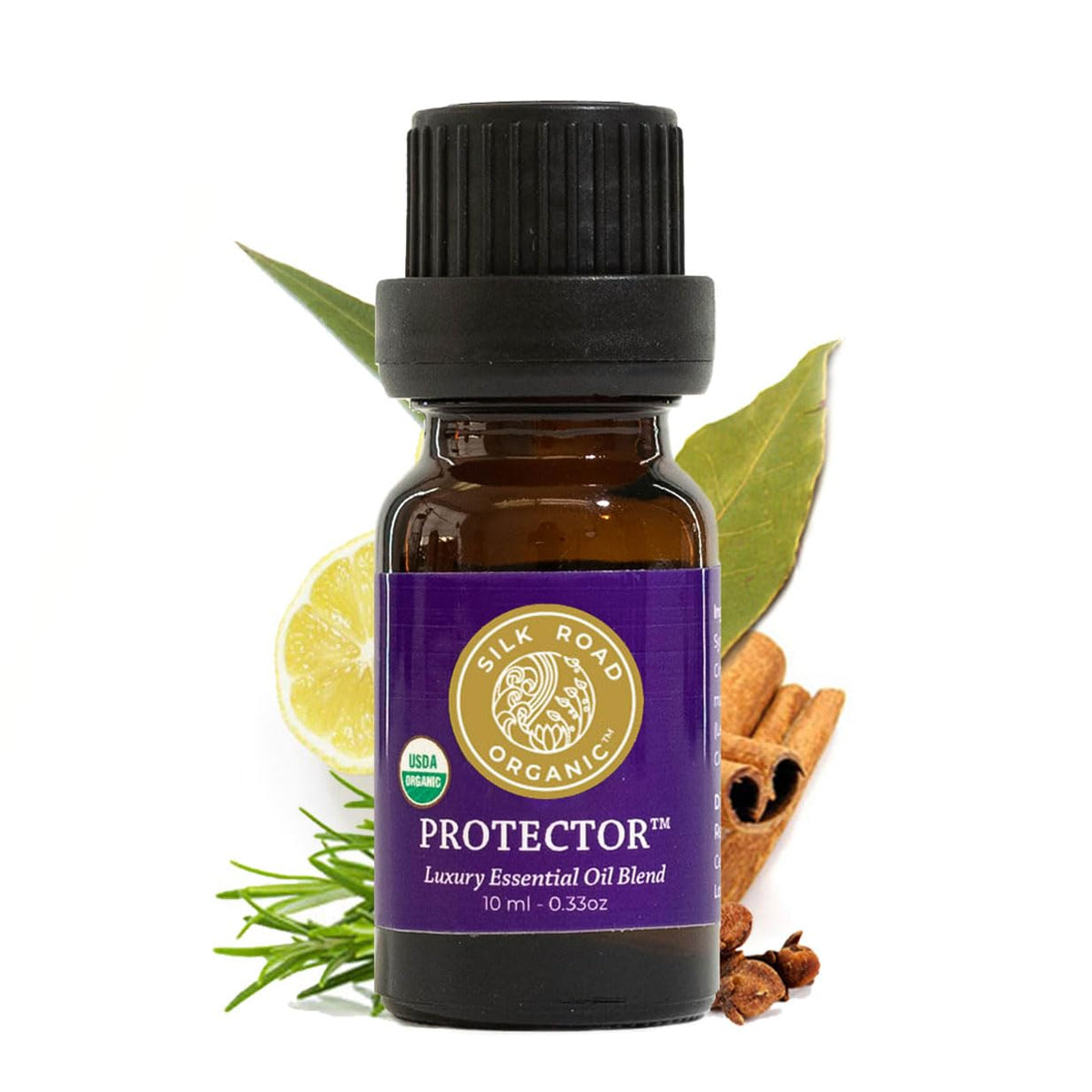 Front view of Silk Road Organic Protector essential oil bottle with dropper
