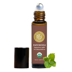 Silk Road Organic Patchouli Essential Oil Roll-On bottle on white background
