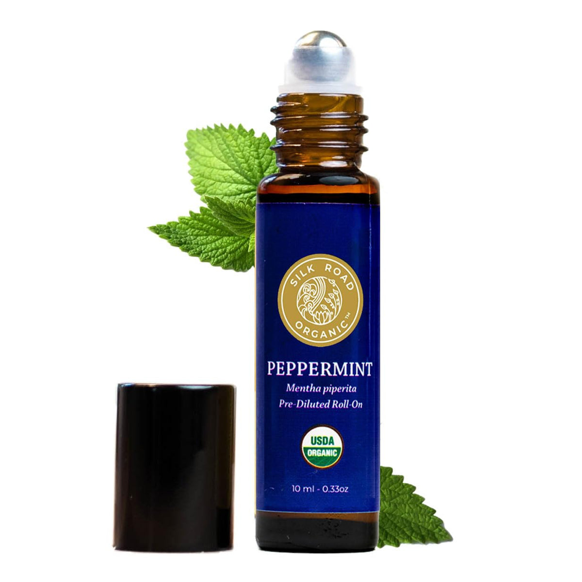 Silk Road Organic Peppermint Essential Oil Roll-On bottle – front view