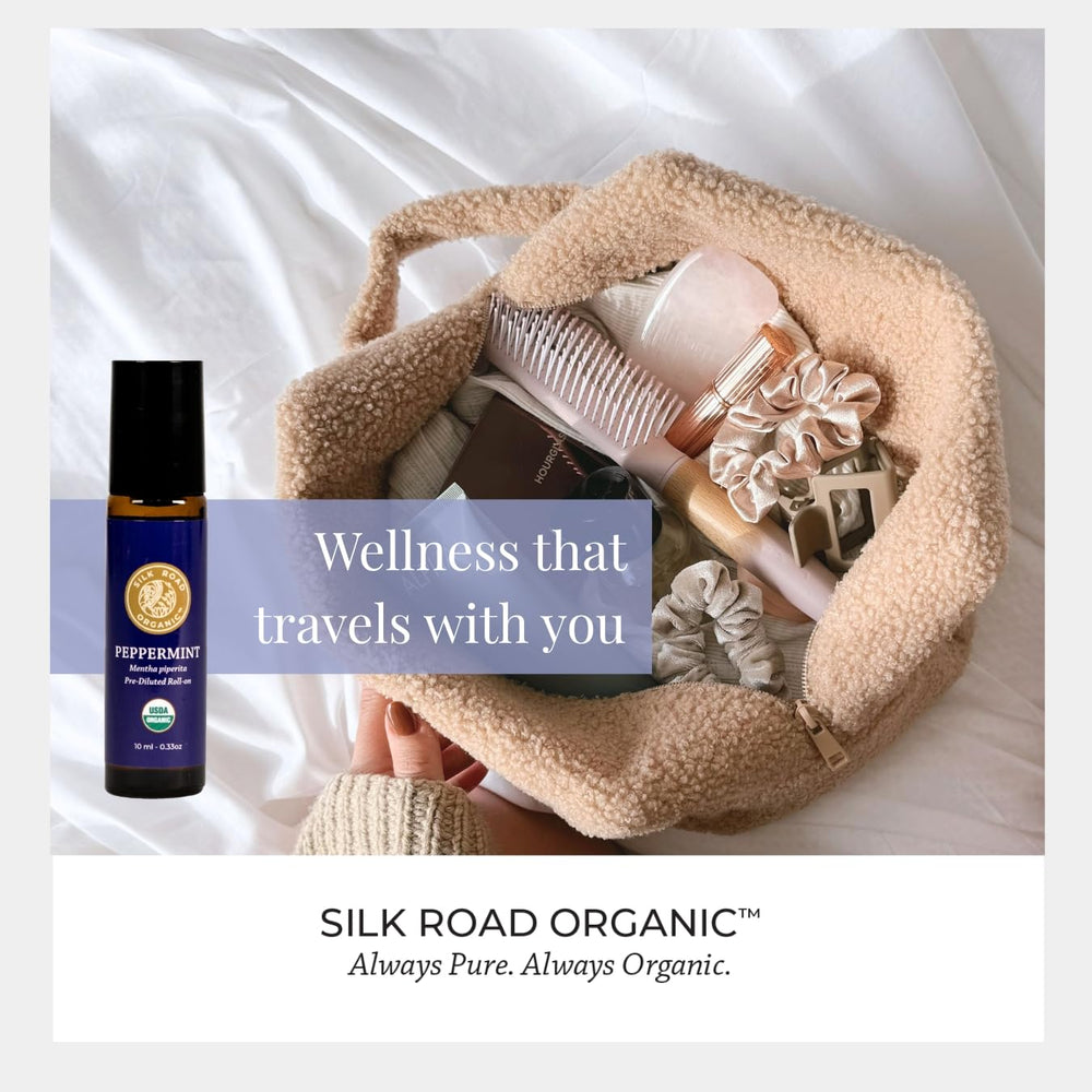 Product box with bottle of Silk Road Peppermint Roll-On