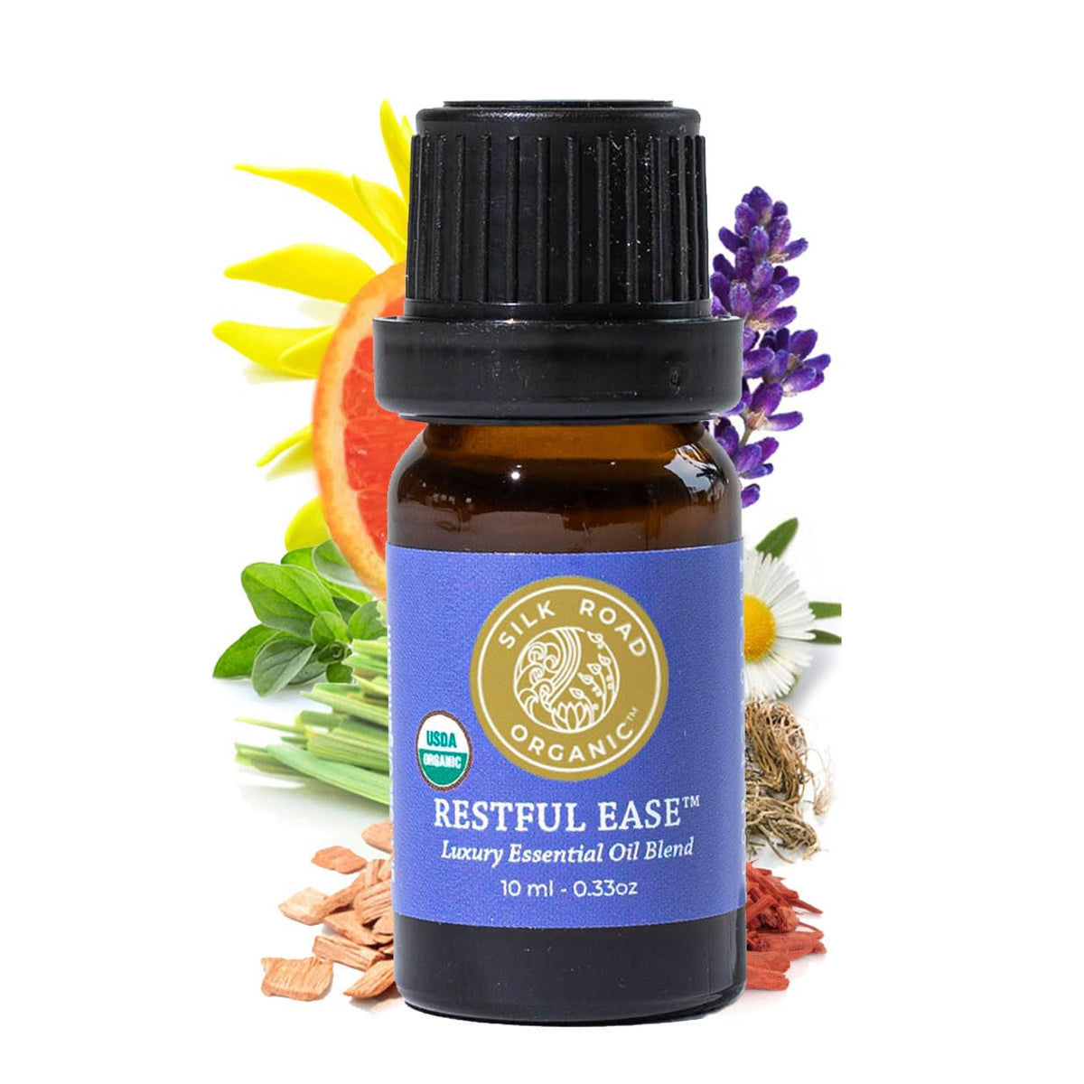 Amber glass bottle of Silk Road Restful Ease essential oil blend with 10 ml dropper
