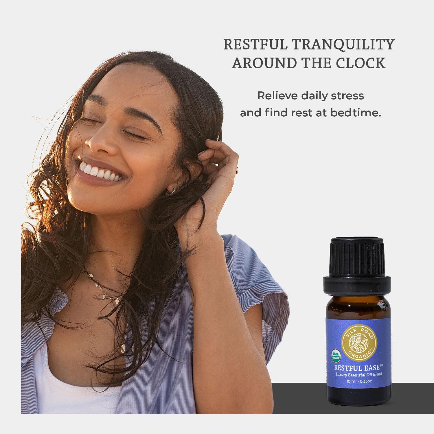 Close-up of Silk Road Restful Ease bottle and dropper