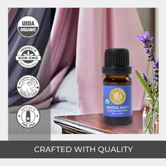 Ingredients list including cedarwood, palmarosa, orange, lavender, vetiver, marjoram, ylang ylang, sandalwood and roman chamomile