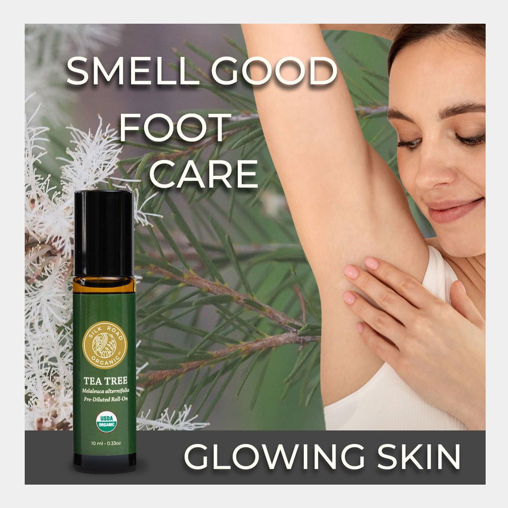 Organic tea tree leaves and bottle highlighting USDA Organic certification
